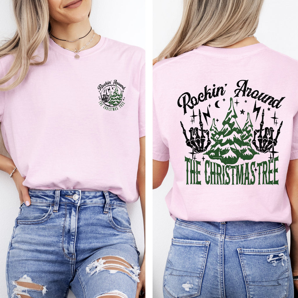 Rockin Around The Christmas Tree Front And Back Skeleton Santa Xmas Comfort Colors Tee