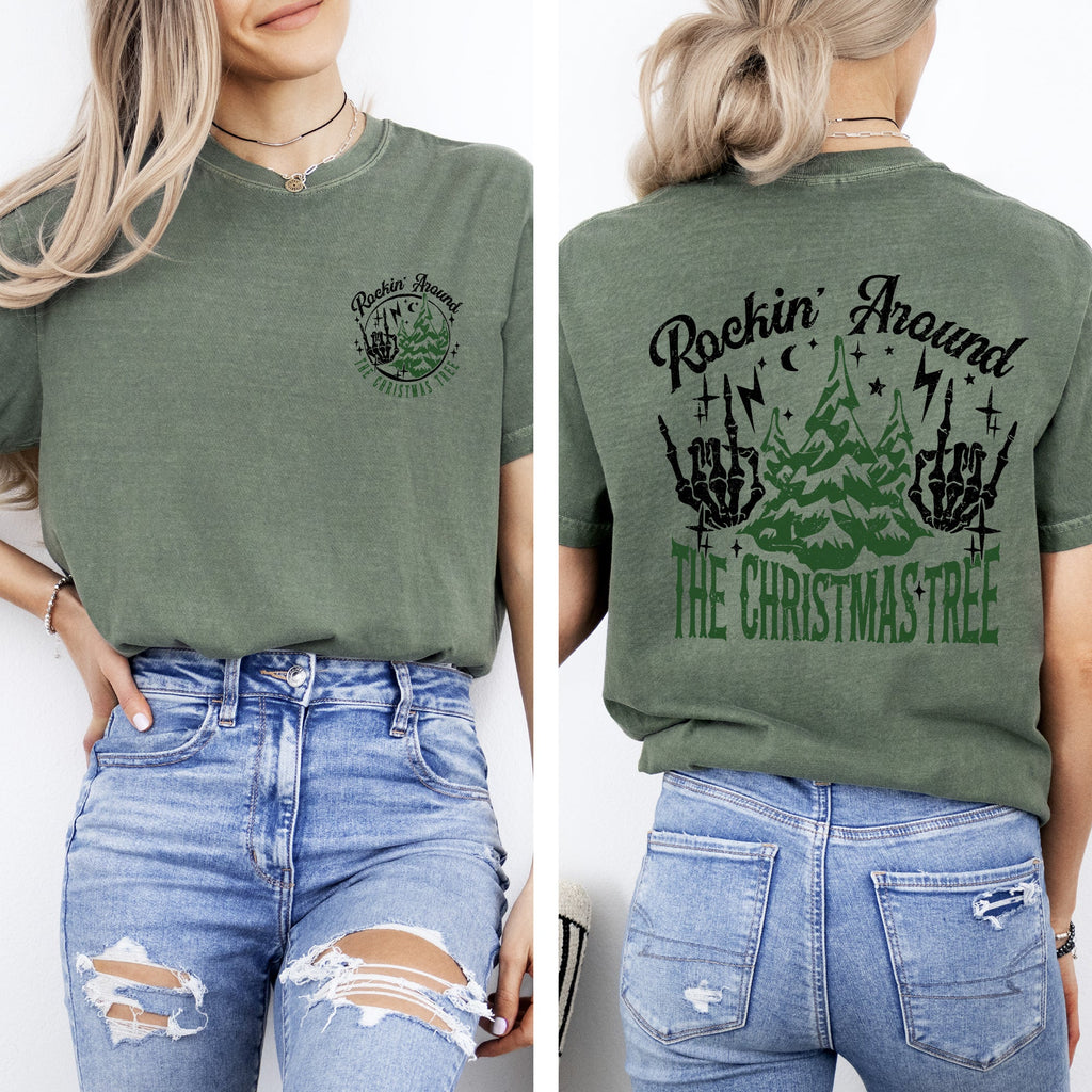 Rockin Around The Christmas Tree Front And Back Skeleton Santa Xmas Comfort Colors Tee