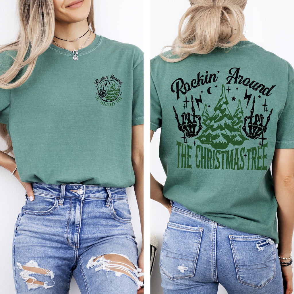 Rockin Around The Christmas Tree Front And Back Skeleton Santa Xmas Comfort Colors Tee