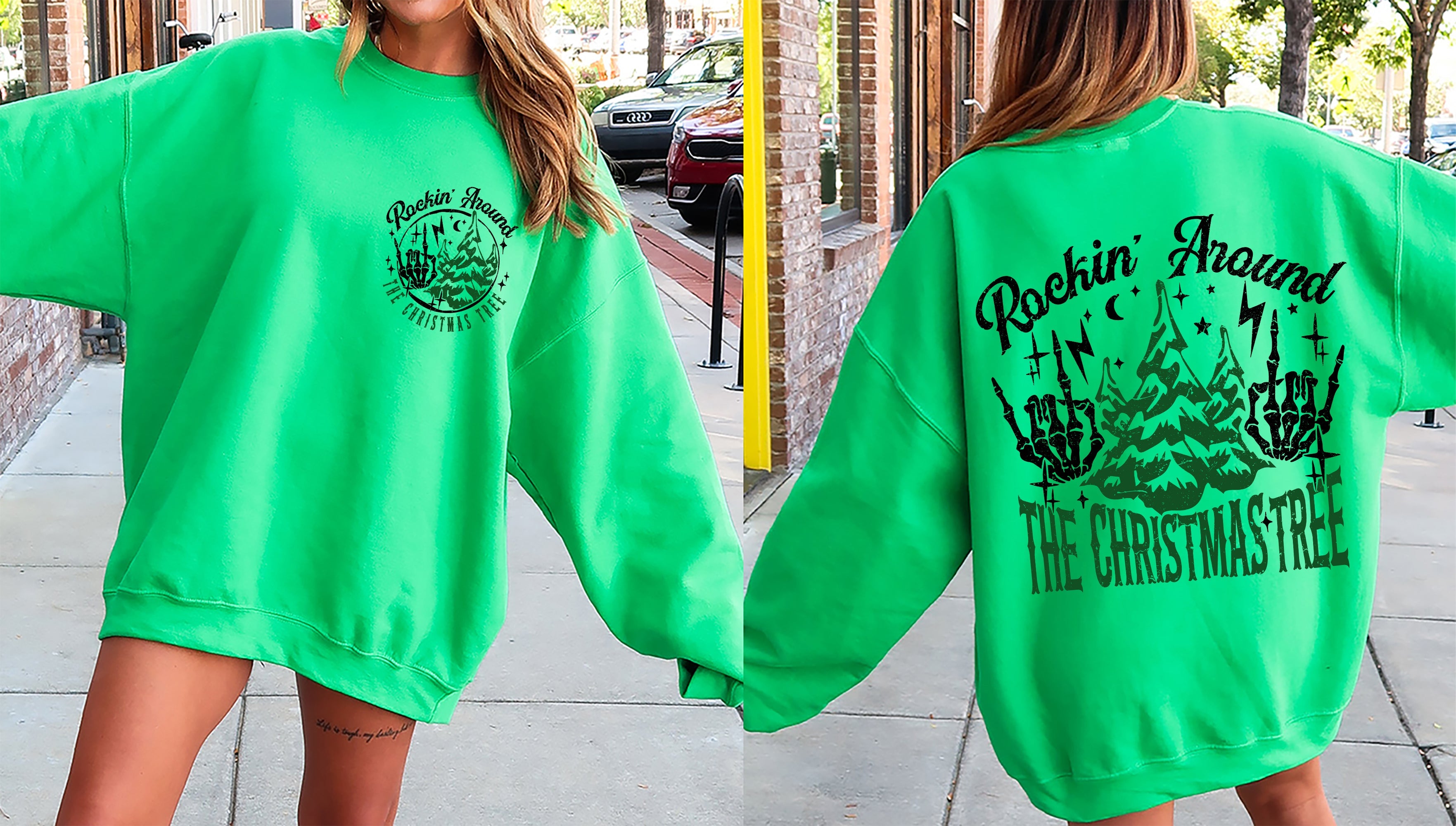 Rockin Around The Christmas Tree Front And Back Skeleton Santa Xmas Winter Edition Sweatshirt