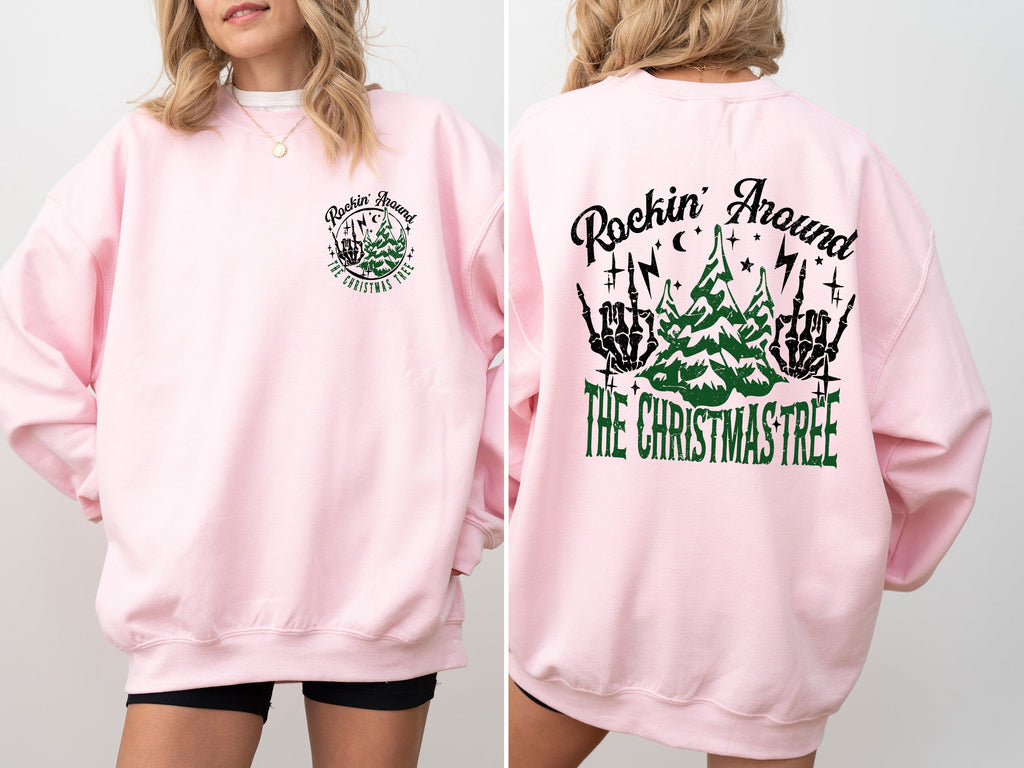 Rockin Around The Christmas Tree Front And Back Skeleton Santa Xmas Winter Edition Sweatshirt