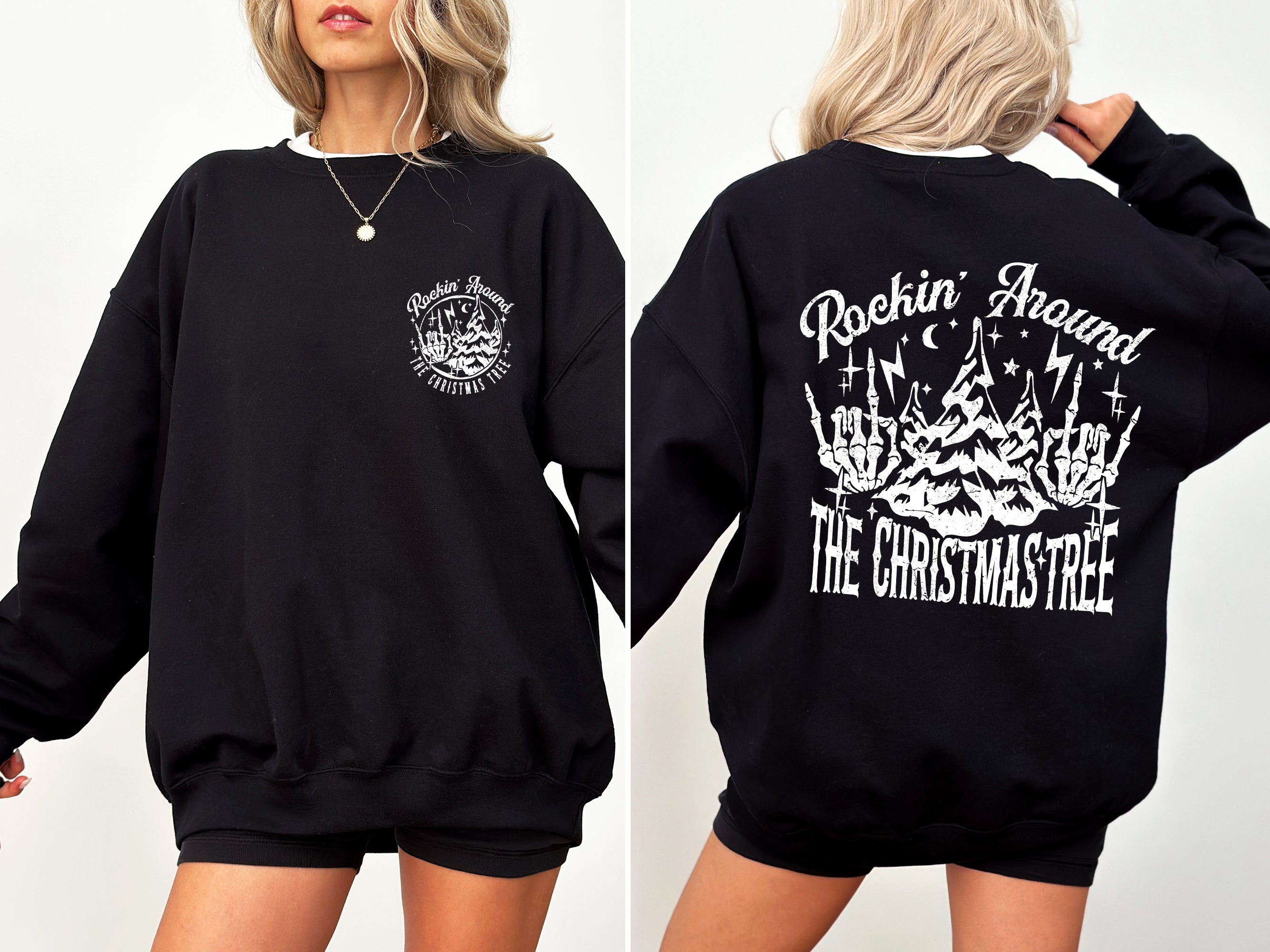 Rockin Around The Christmas Tree Front And Back Skeleton Santa Xmas Winter Edition Sweatshirt