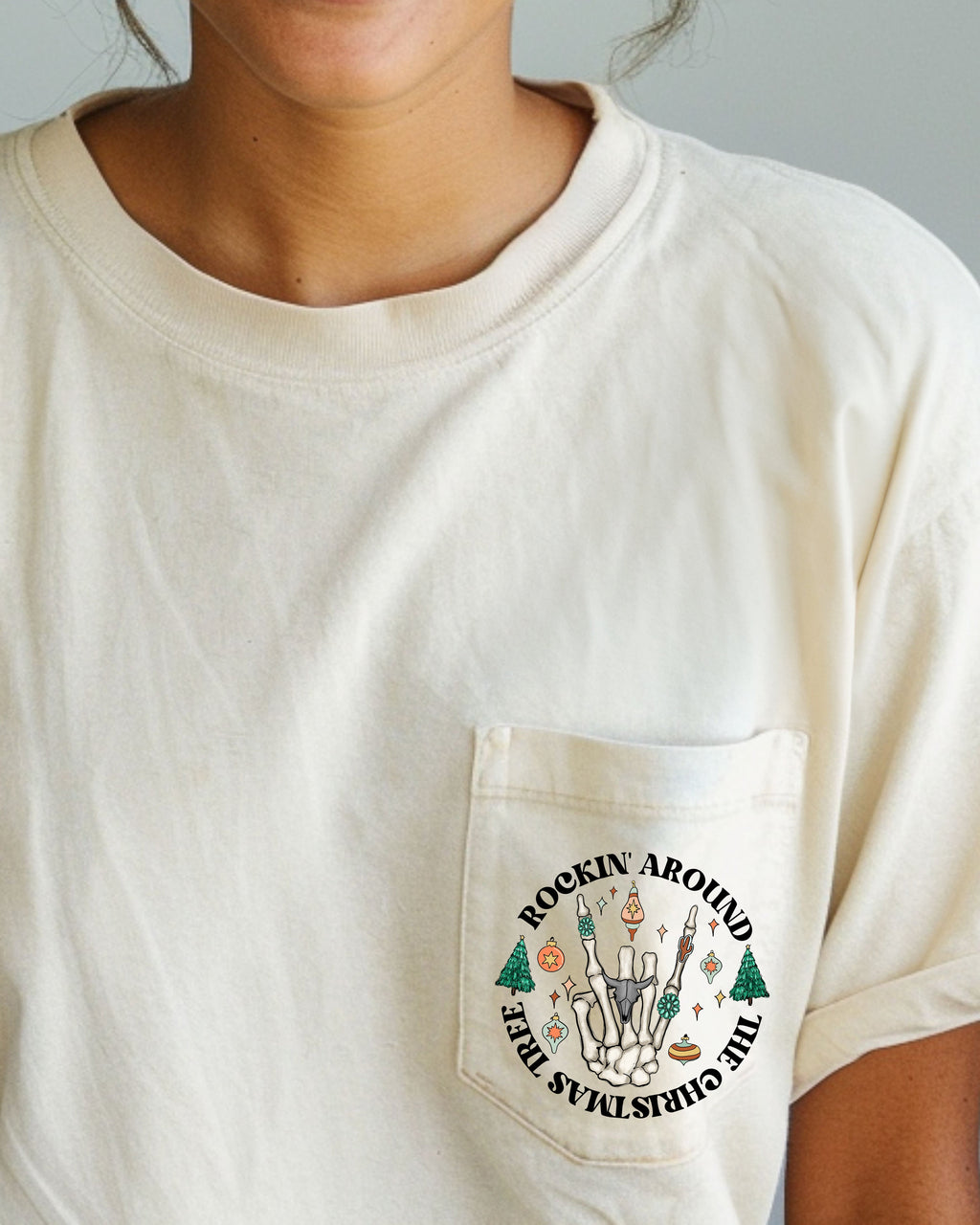Rockin Around The Christmas Tree Skeleton Pocket Holiday Edition Comfort Colors Tee