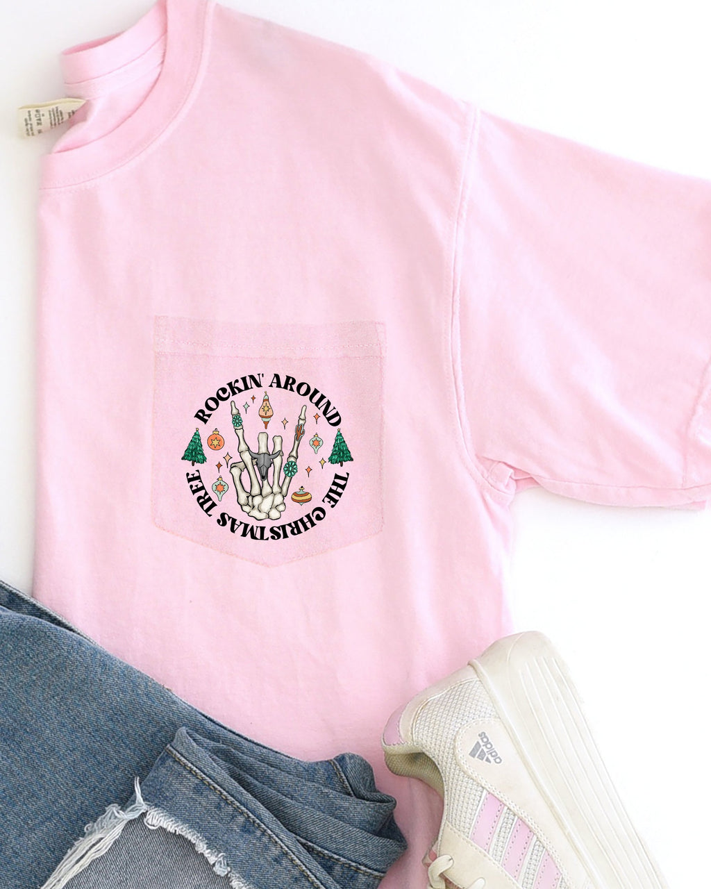 Rockin Around The Christmas Tree Skeleton Pocket Holiday Edition Comfort Colors Tee