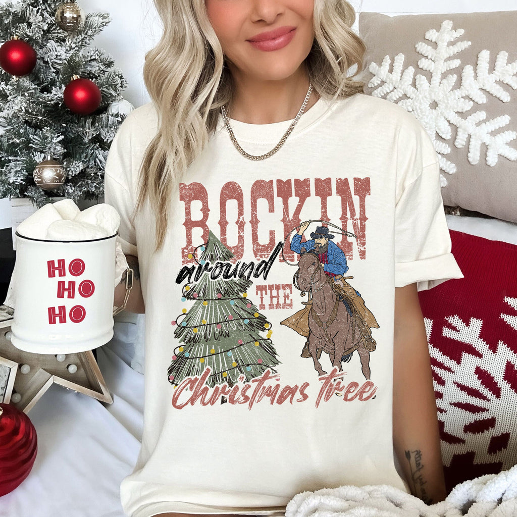 Rocking Around The Christmas Tree, Big Western, Country, Cowboy, Cowgirl Comfort Colors Tee
