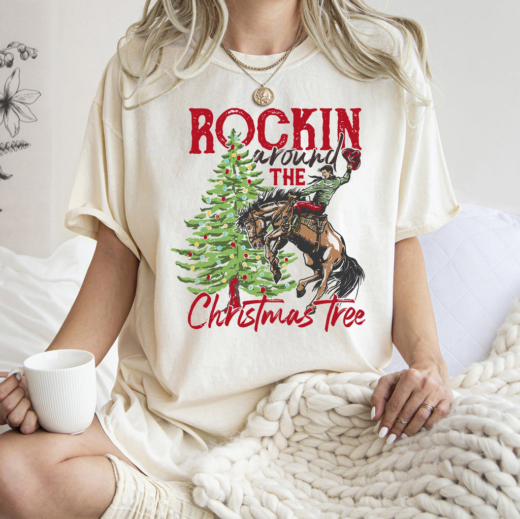 Rocking Around The Christmas Tree Cowboy Horse Rodeo Festive Western Holiday Style Comfort Colors Tee