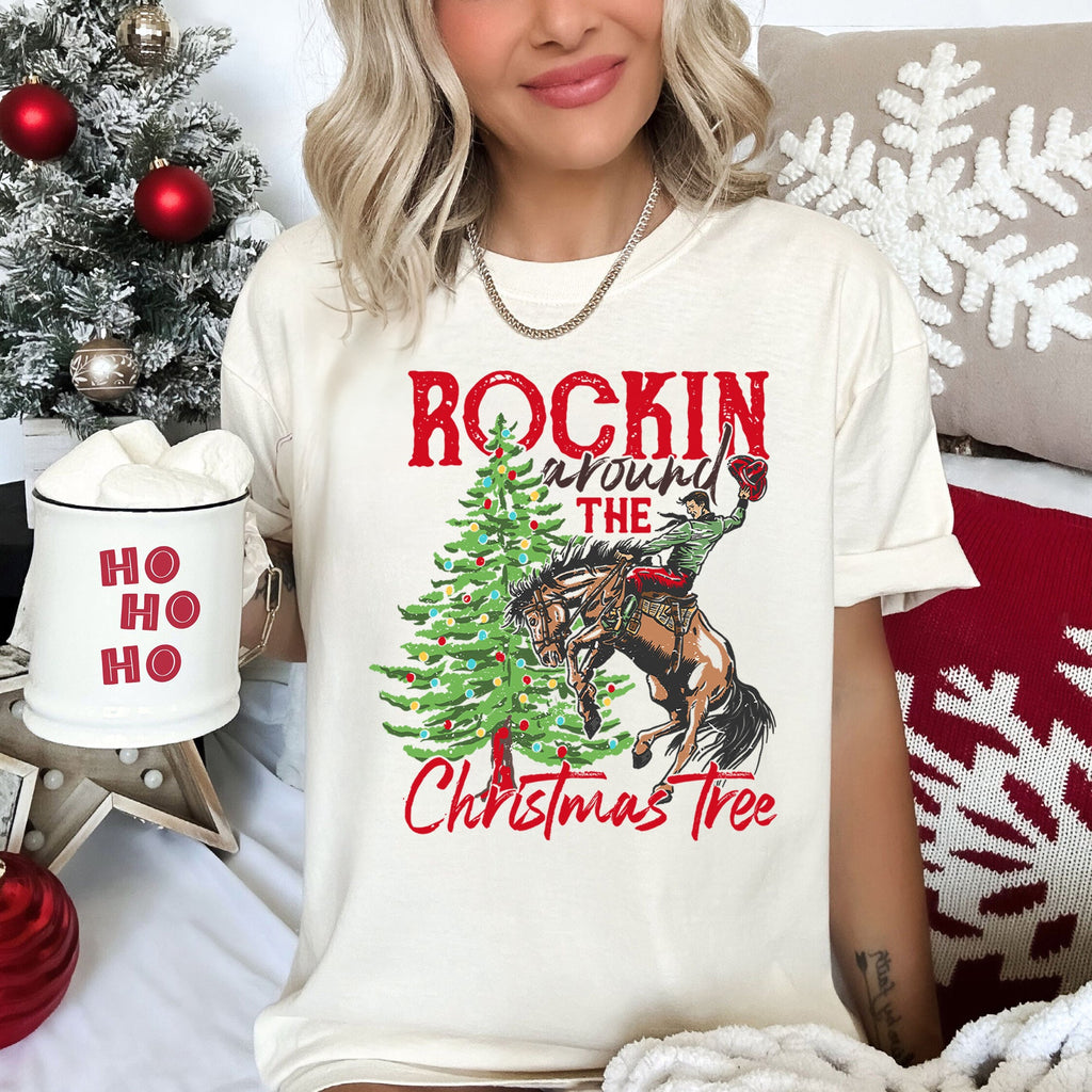 Rocking Around The Christmas Tree Cowboy Horse Rodeo Festive Western Holiday Style Comfort Colors Tee