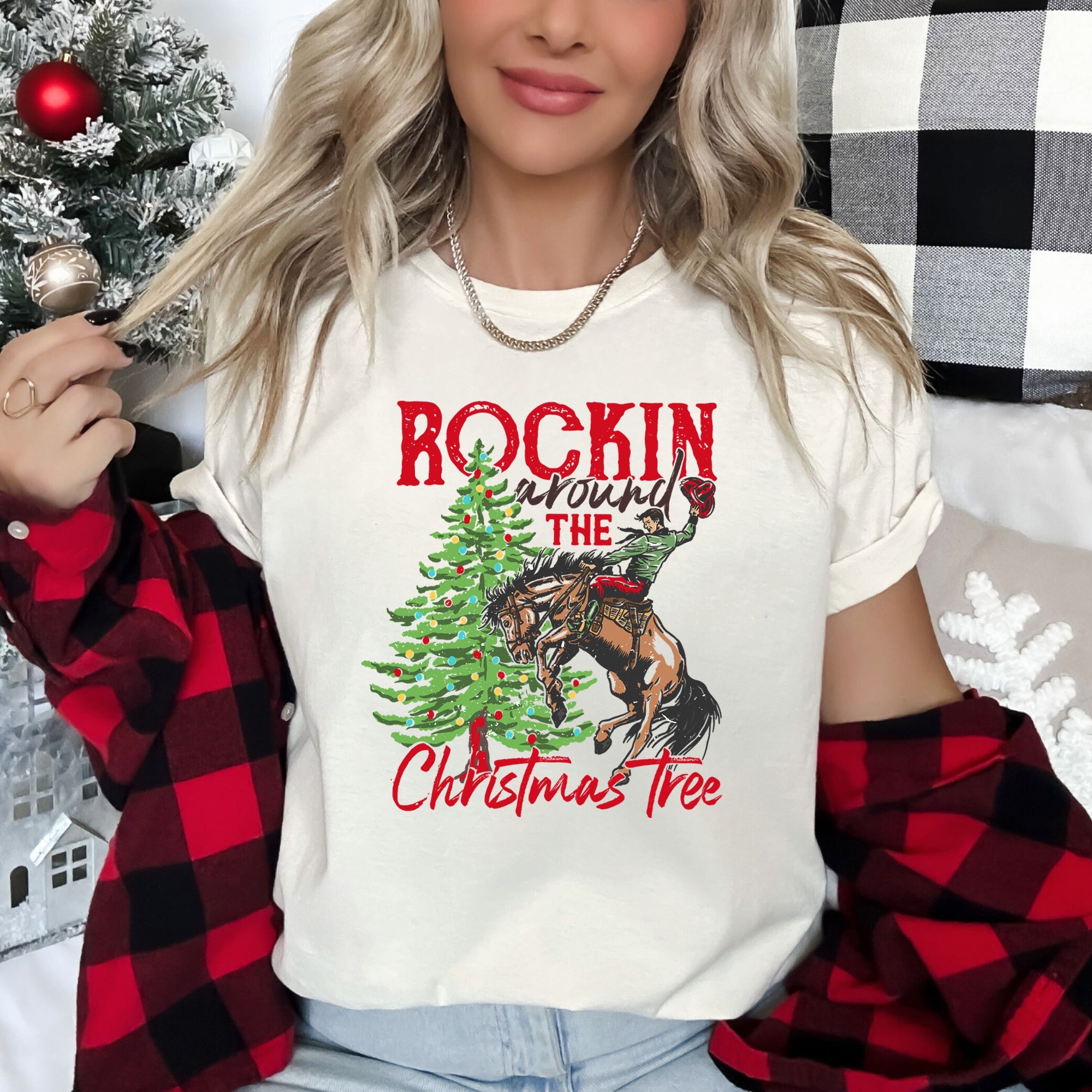Rocking Around The Christmas Tree Cowboy And Horse Rodeo Western Holiday Theme Graphic Tee
