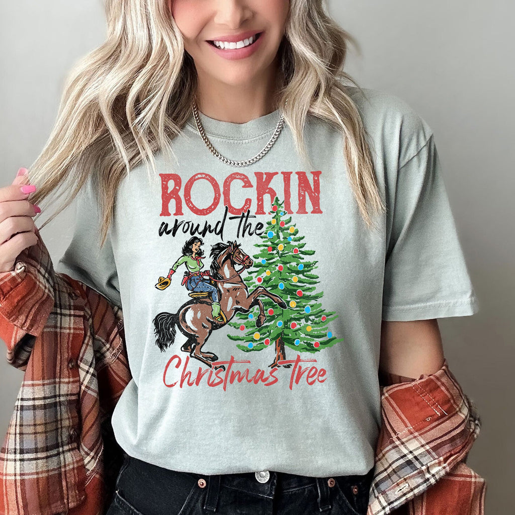 Rocking Around The Christmas Tree Cowboy Horse Rodeo Festive Western Holiday Style Comfort Colors Tee
