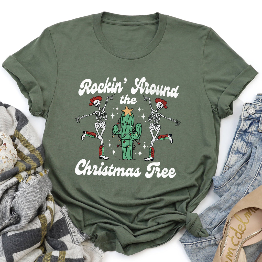 Rocking Around The Christmas Tree Desert Cactus Dancing Skeletons Holiday Graphic Tee