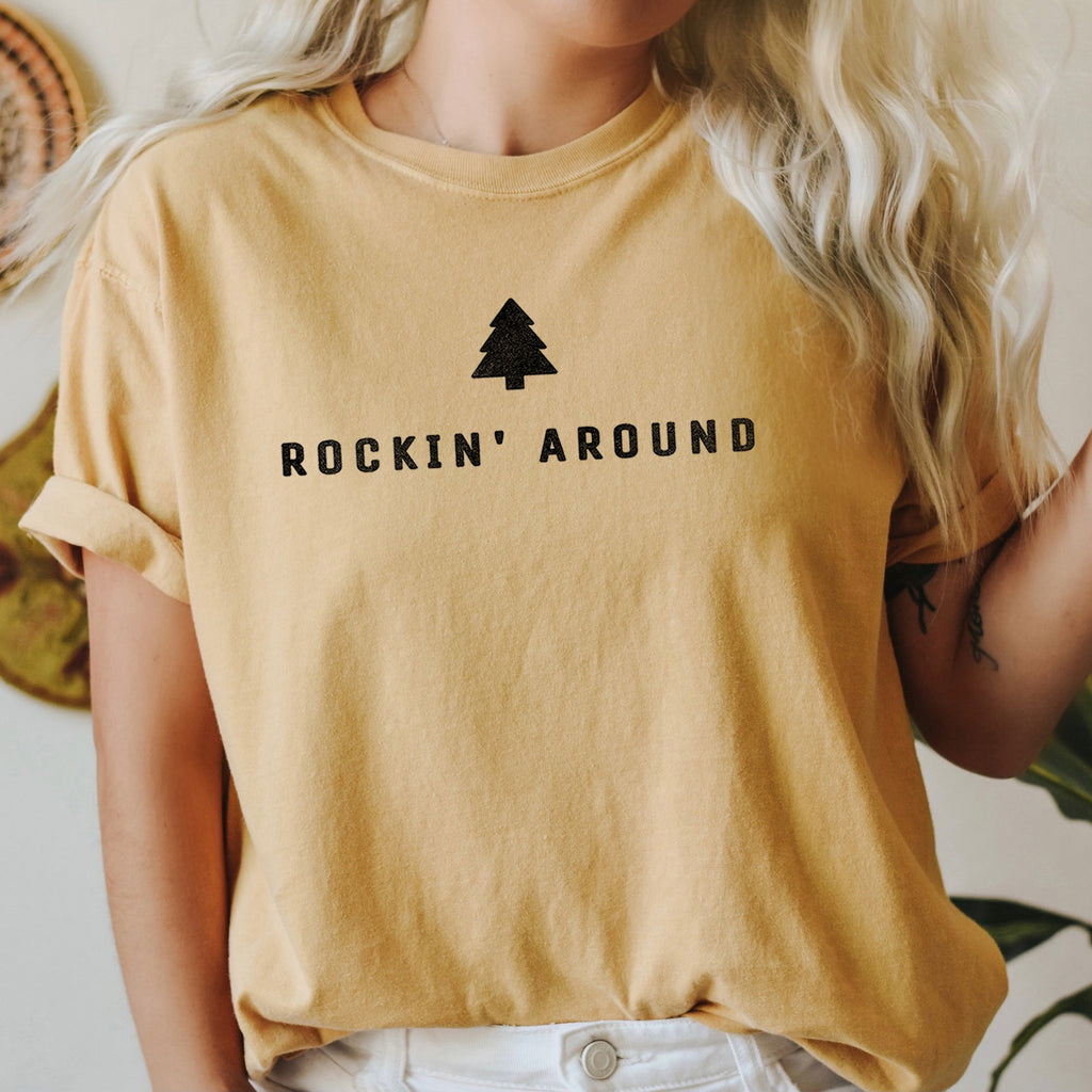 Rocking Around The Christmas Tree Minimal Retro Rock And Roll Comfort Colors Tee