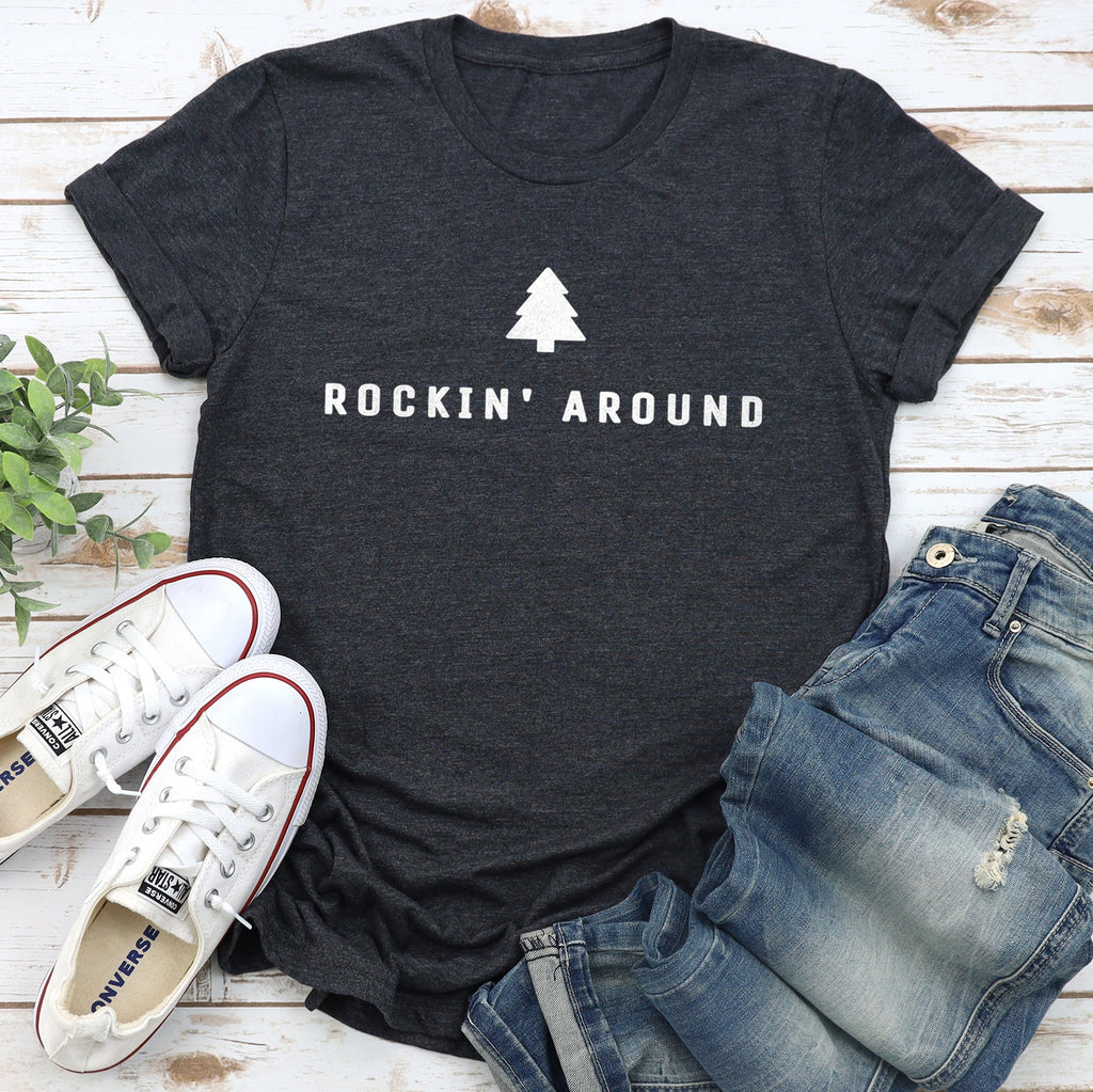 Rocking Around The Christmas Tree Minimalist Retro Holiday Soft Cozy Vintage Graphic Tee