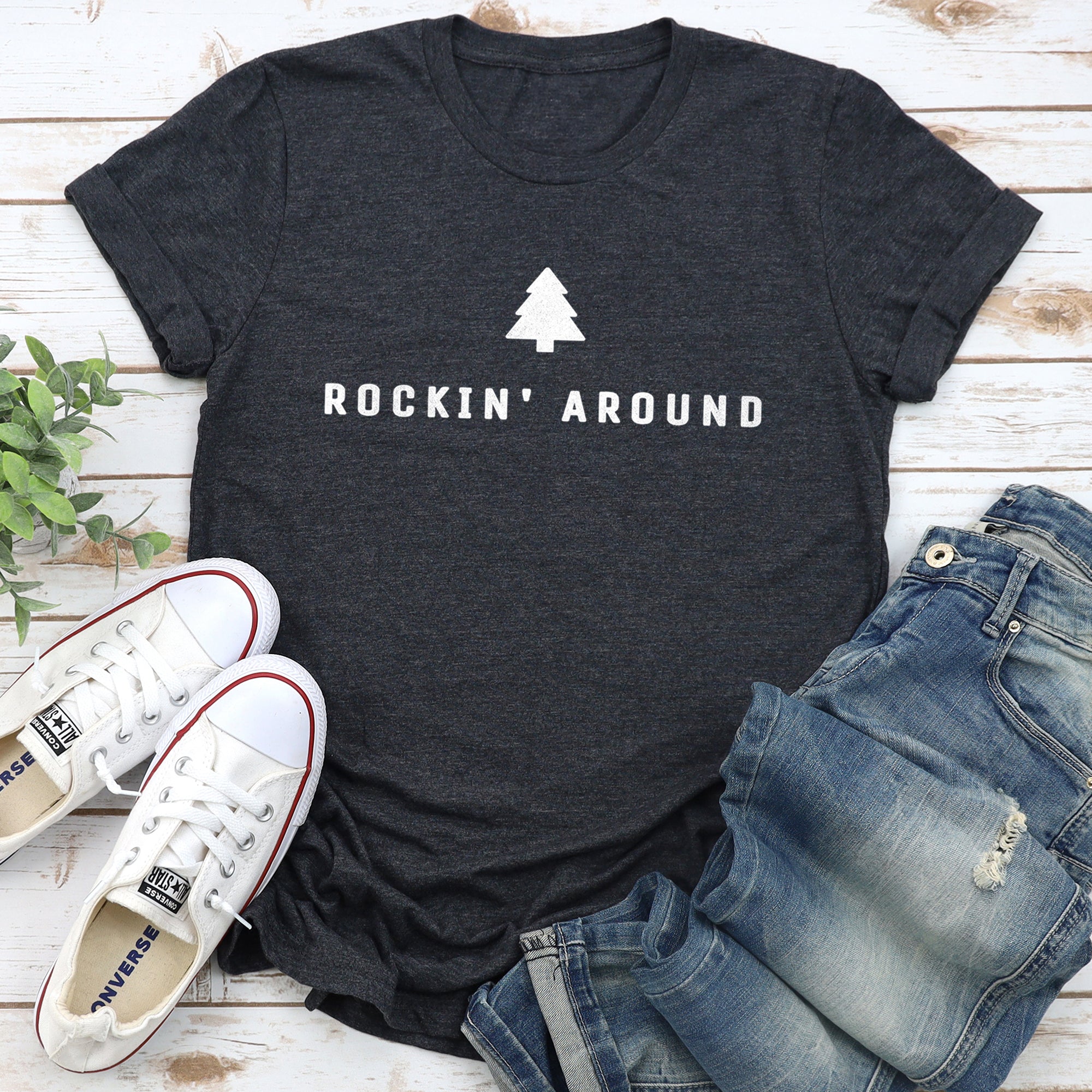 Rocking Around The Christmas Tree Minimalist Retro Holiday Soft Cozy Vintage Graphic Tee
