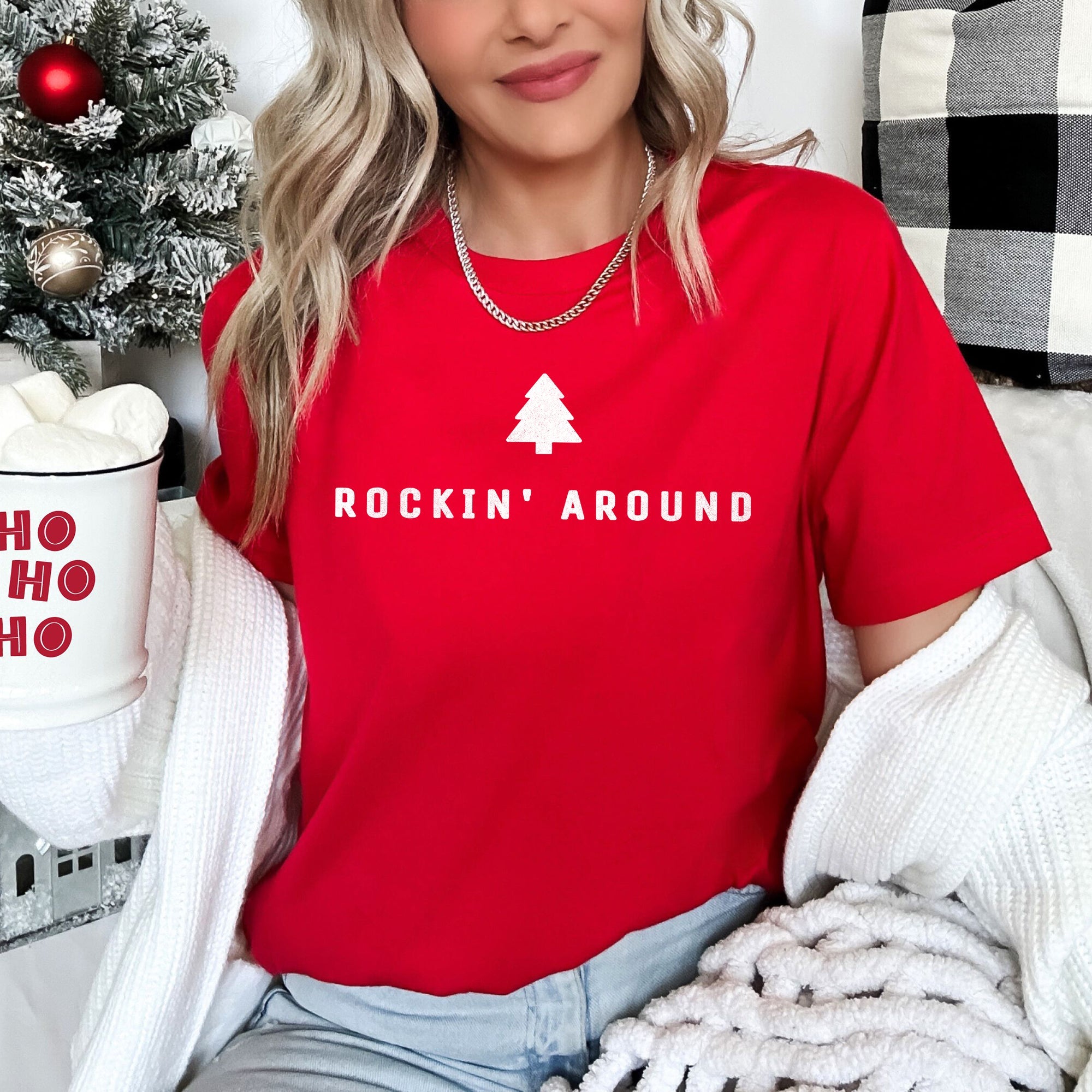 Rocking Around The Christmas Tree Minimalist Retro Holiday Soft Cozy Vintage Graphic Tee