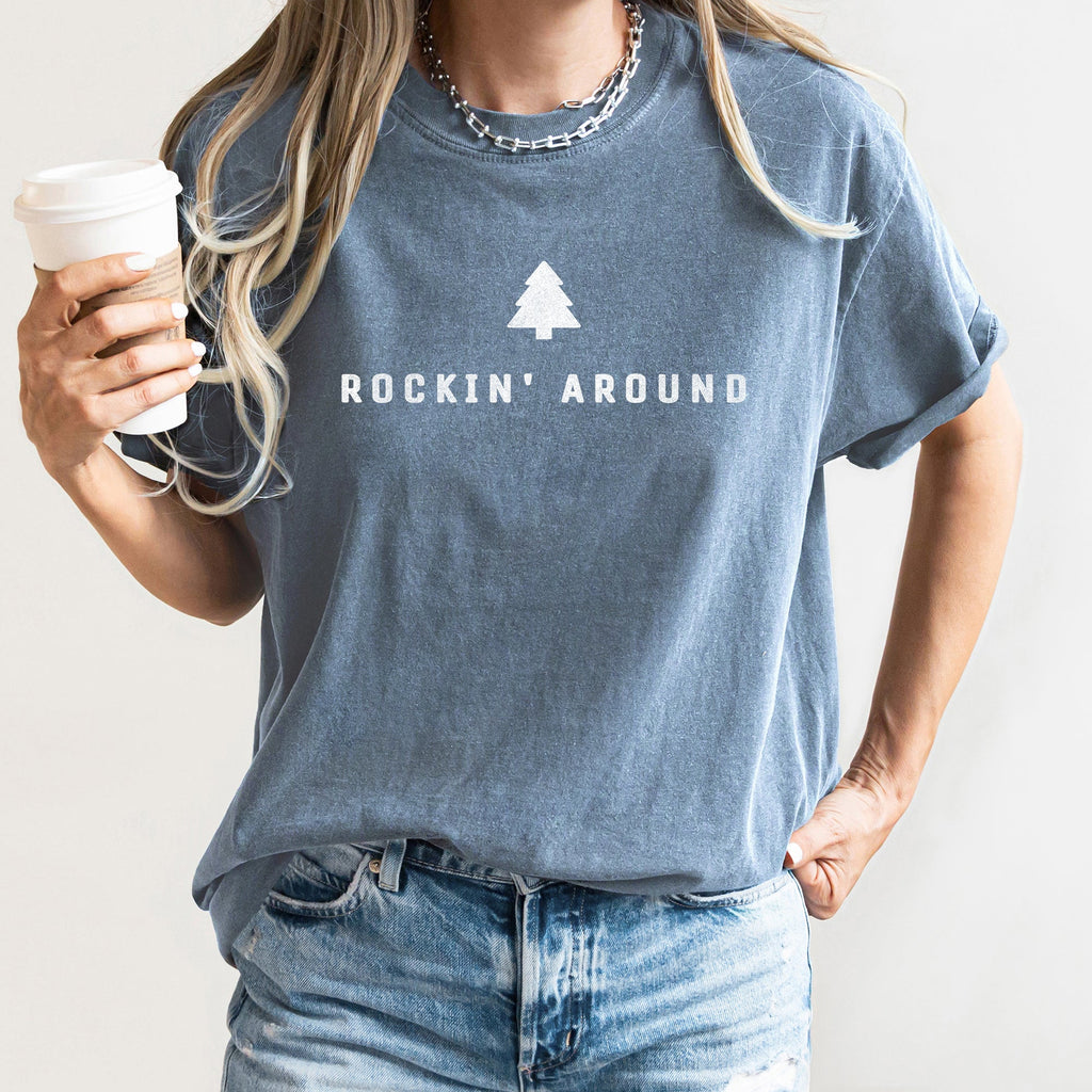 Rocking Around The Christmas Tree Minimal Retro Rock And Roll Comfort Colors Tee