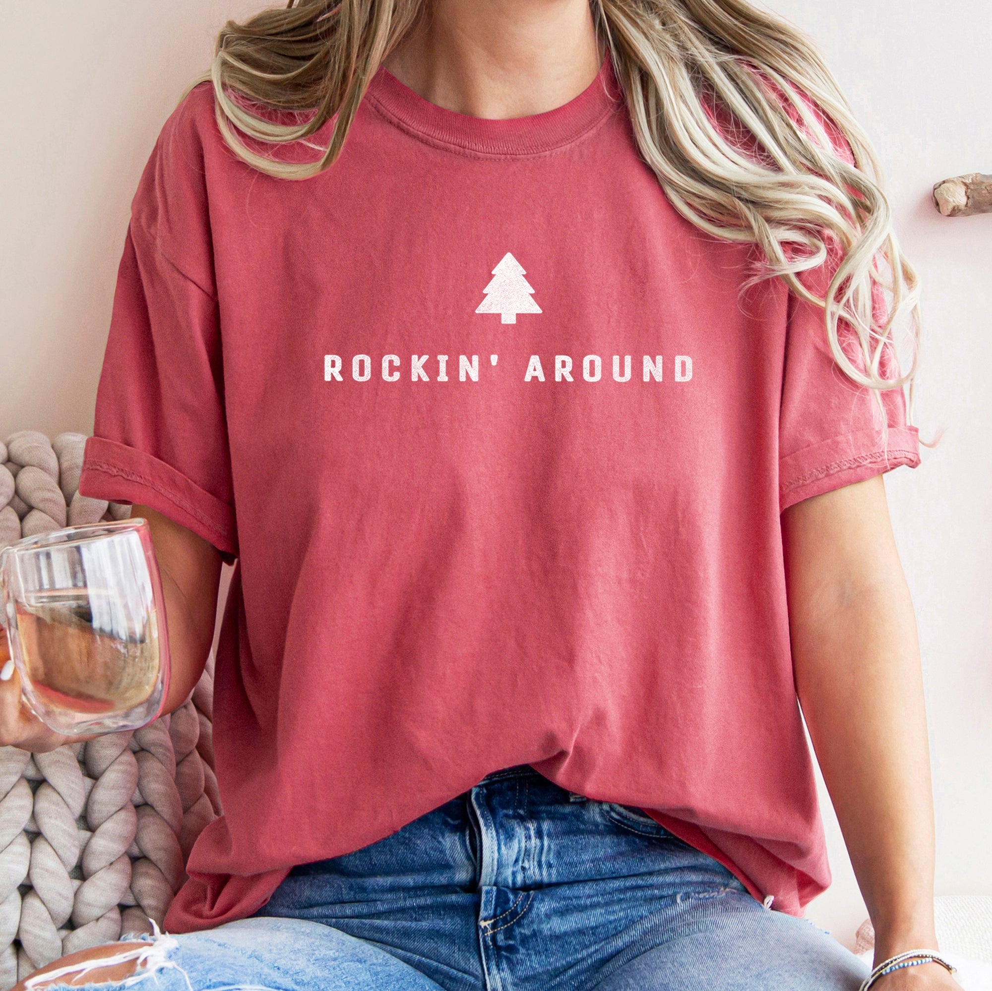 Rocking Around The Christmas Tree Minimal Retro Rock And Roll Comfort Colors Tee
