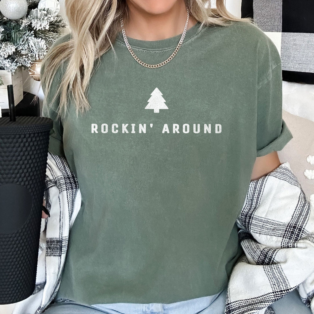 Rocking Around The Christmas Tree Minimal Retro Rock And Roll Comfort Colors Tee