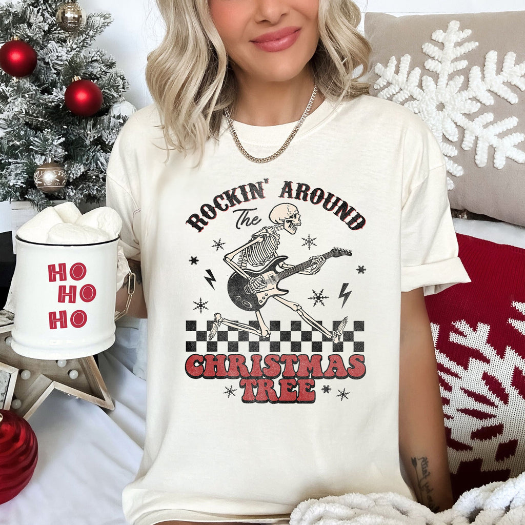 Rocking Around The Christmas Tree Skeleton Retro Rock And Roll Comfort Colors Tee
