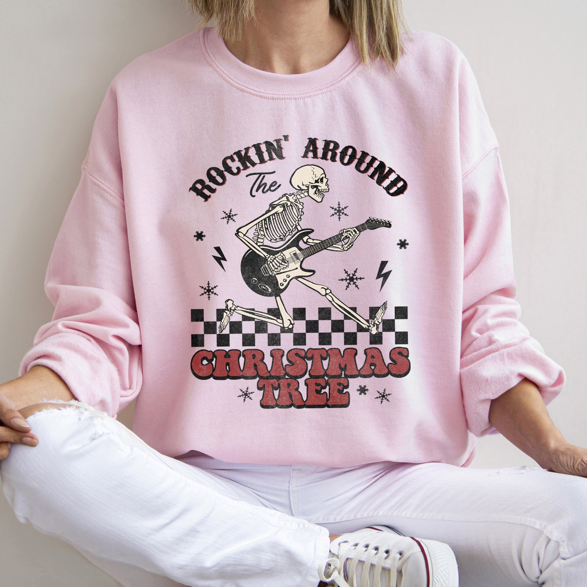 Rocking Around The Christmas Tree Skeleton Rock Holiday Ornament Edition Sweatshirt