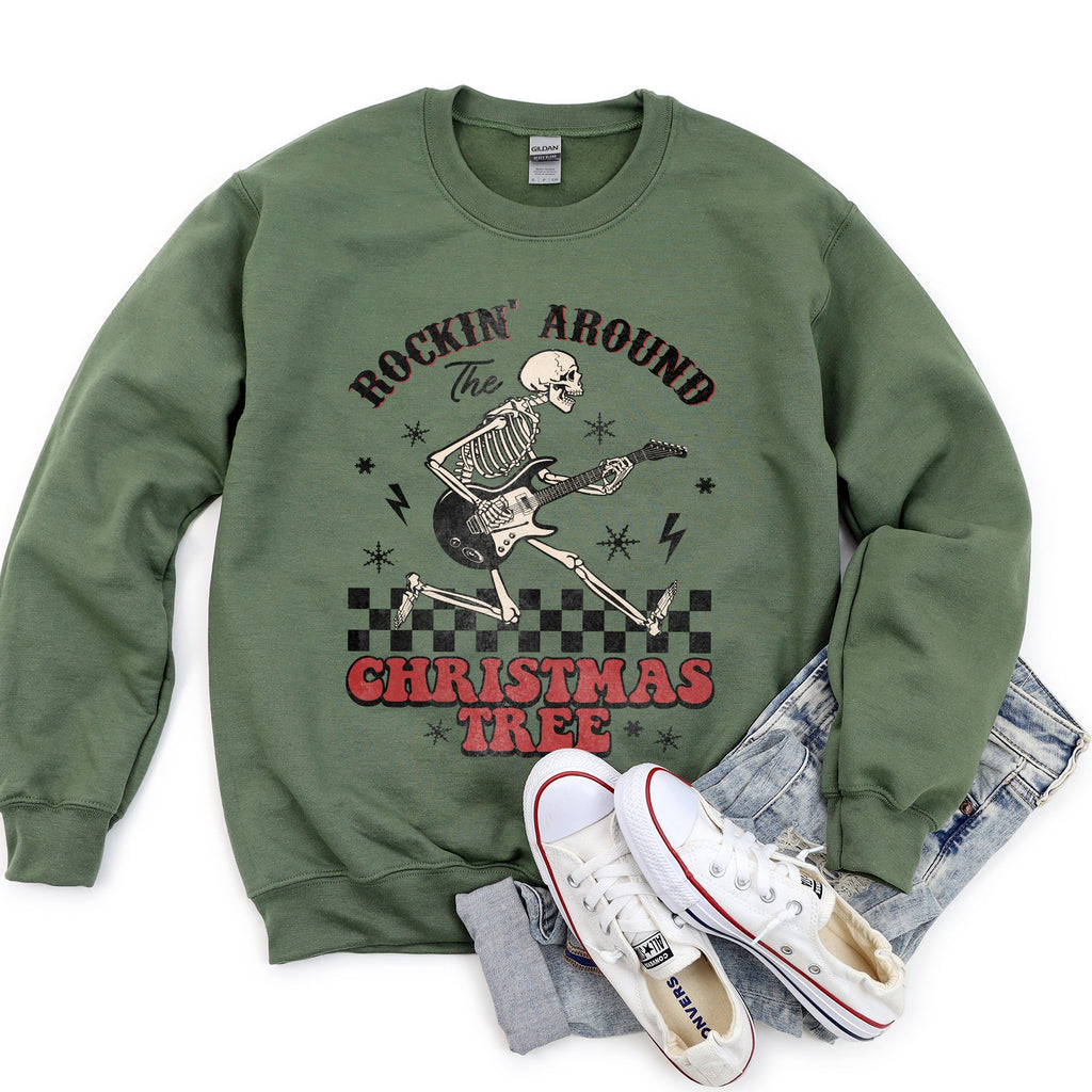 Rocking Around The Christmas Tree Skeleton Rock Holiday Ornament Edition Sweatshirt
