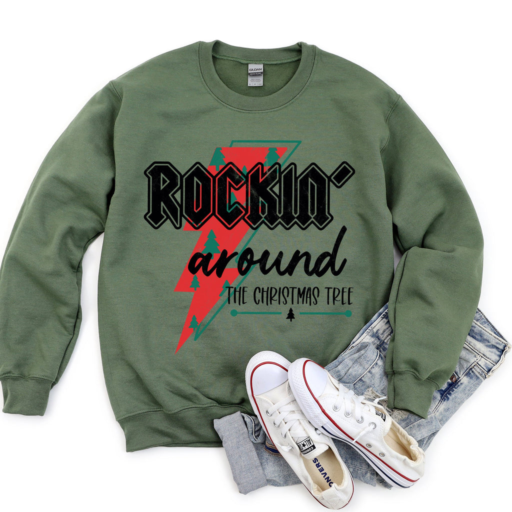 Rocking Around The Christmas Tree, Lightning Bolt Festive Holiday Graphic Sweatshirt