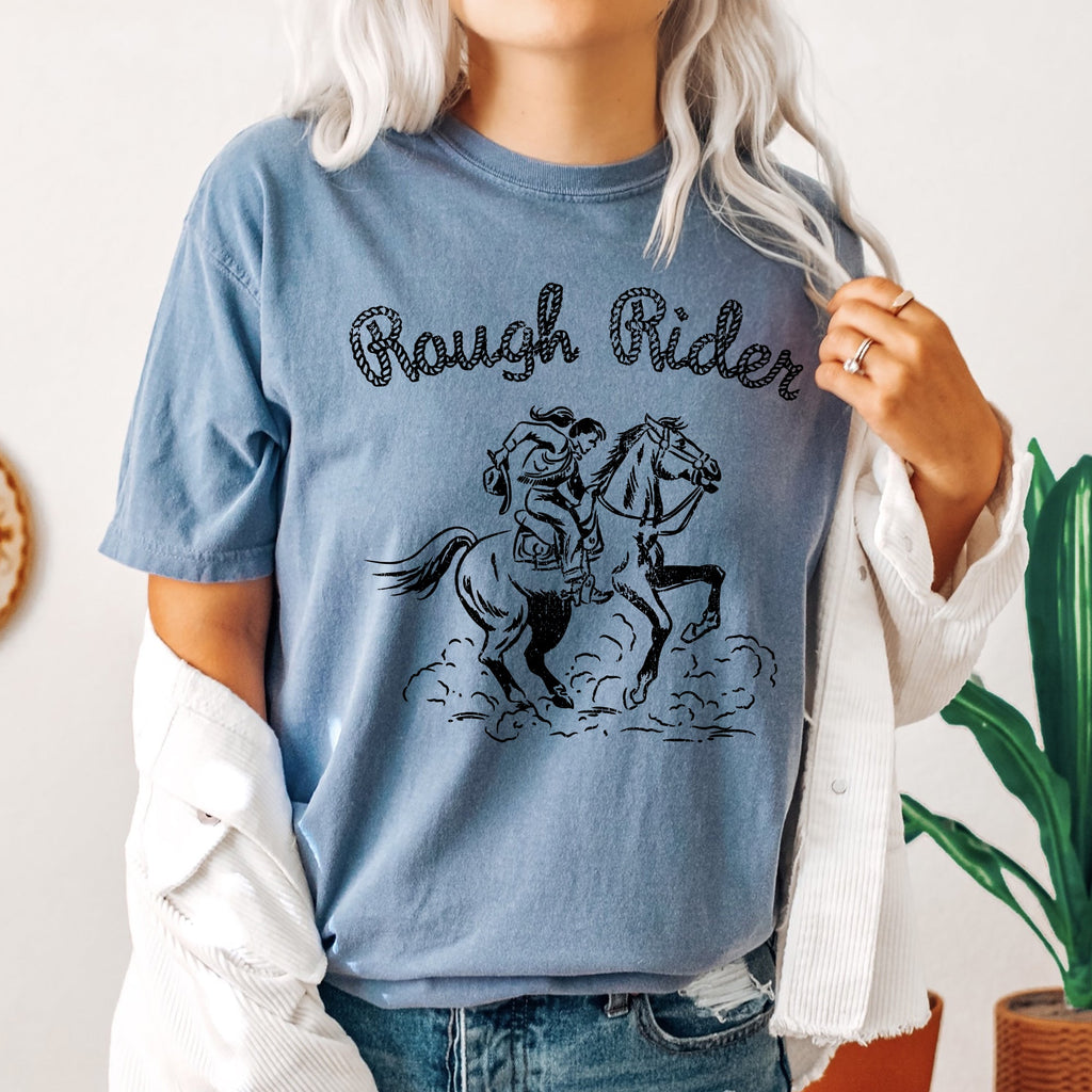 Rough Rider Rodeo Cowboy Western Cowgirl Horse Bronco Classic Comfort Colors Tee
