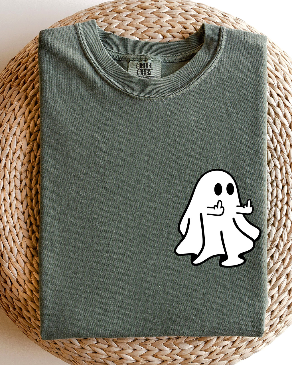 Rude Ghost Pocket Print Middle Finger Crude Vulgar Meme Halloween Comfort Colors Tee