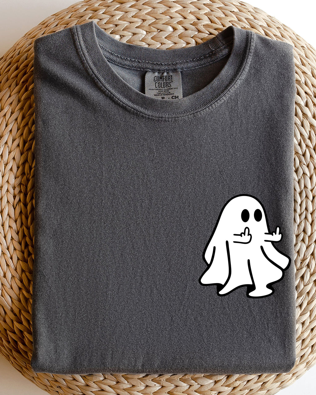 Rude Ghost Pocket Print Middle Finger Crude Vulgar Meme Halloween Comfort Colors Tee