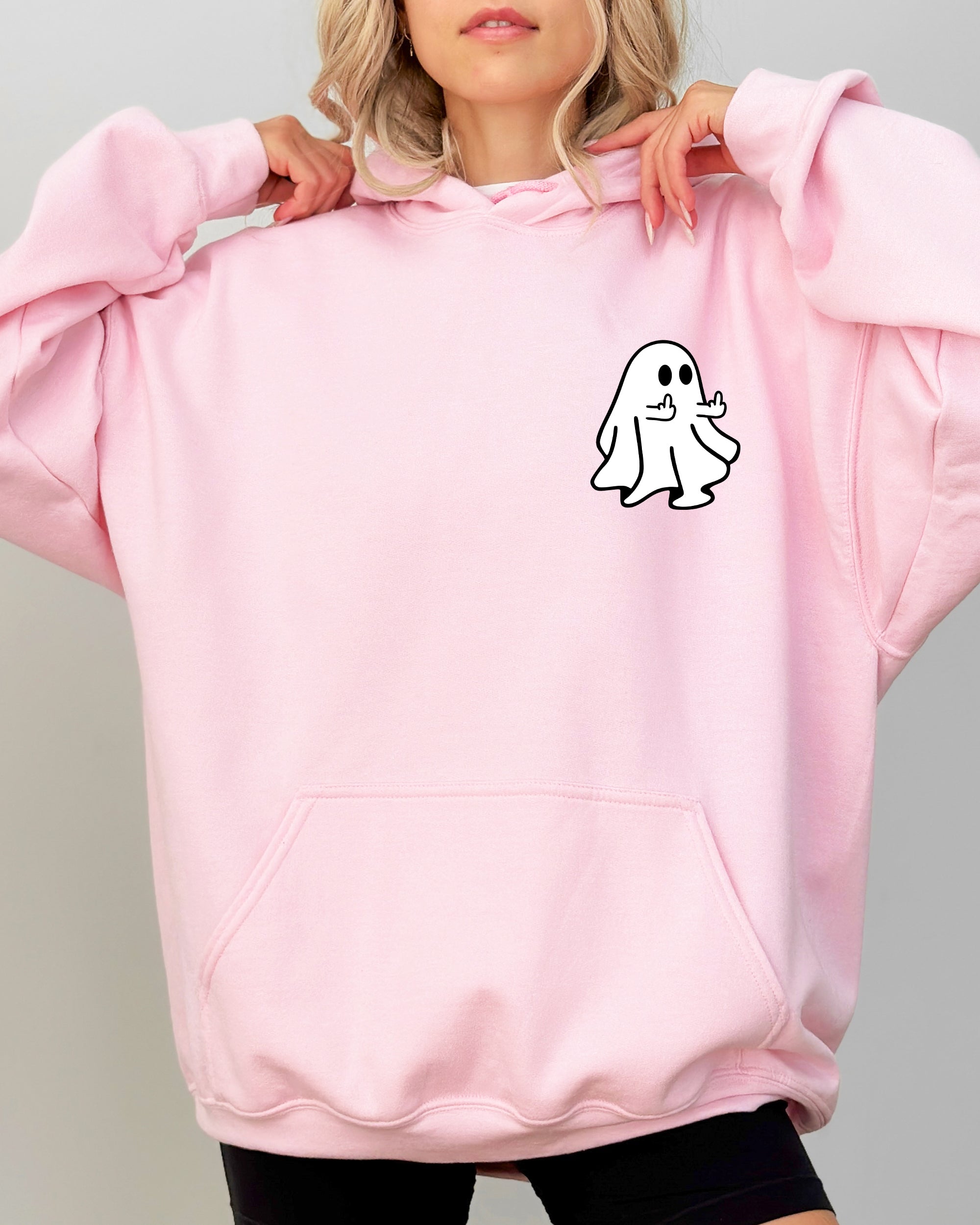 Rude Ghost Pocket Print Middle Finger Crude Vulgar Meme Halloween Hooded Sweatshirt