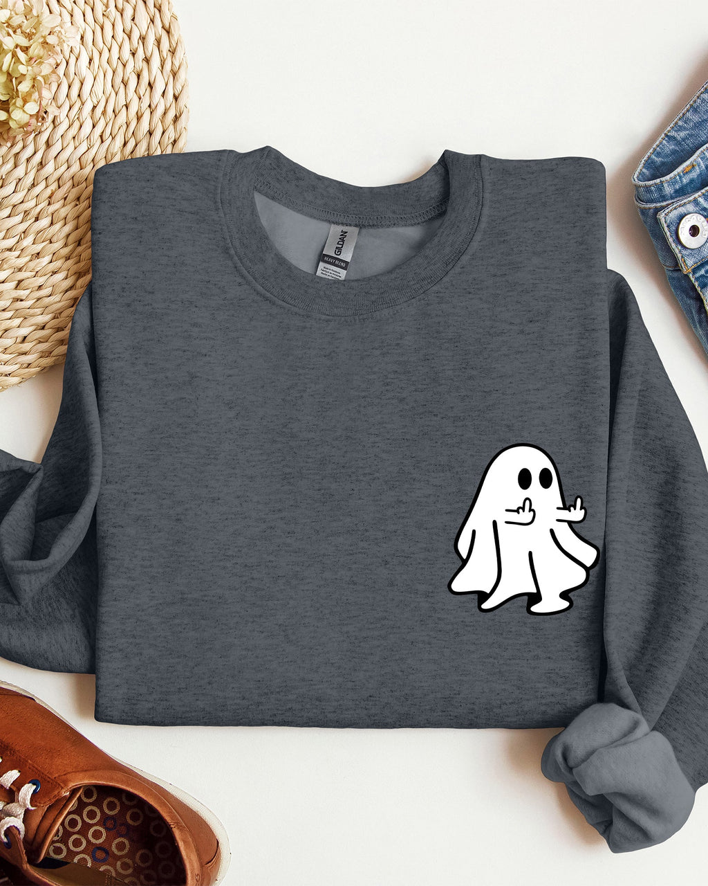 Rude Ghost Pocket Print Middle Finger Crude Vulgar Meme Halloween Edition Sweatshirt