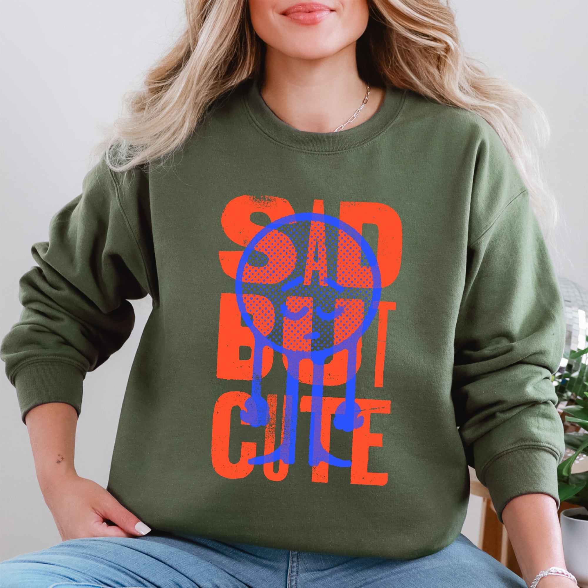 Sad But Cute, Mental Health Smiley Positivity Funny Sarcastic Graphic Sweatshirt