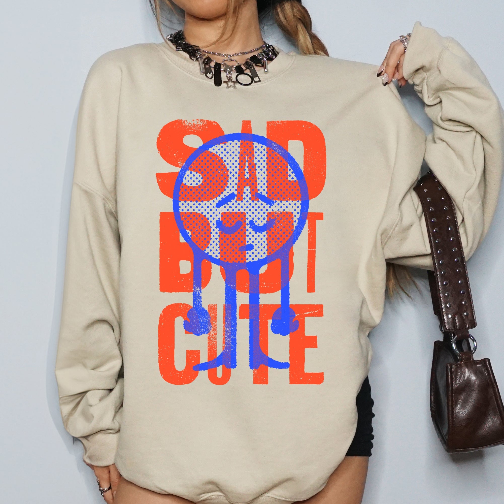 Sad But Cute, Mental Health Smiley Positivity Funny Sarcastic Graphic Sweatshirt