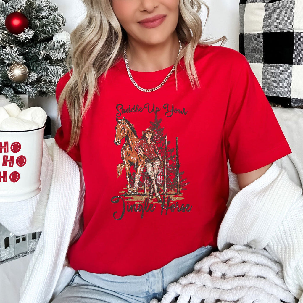 Saddle Up Your Jingle Horse Christmas Cowgirl Cowboy Country Western Holiday Graphic Tee