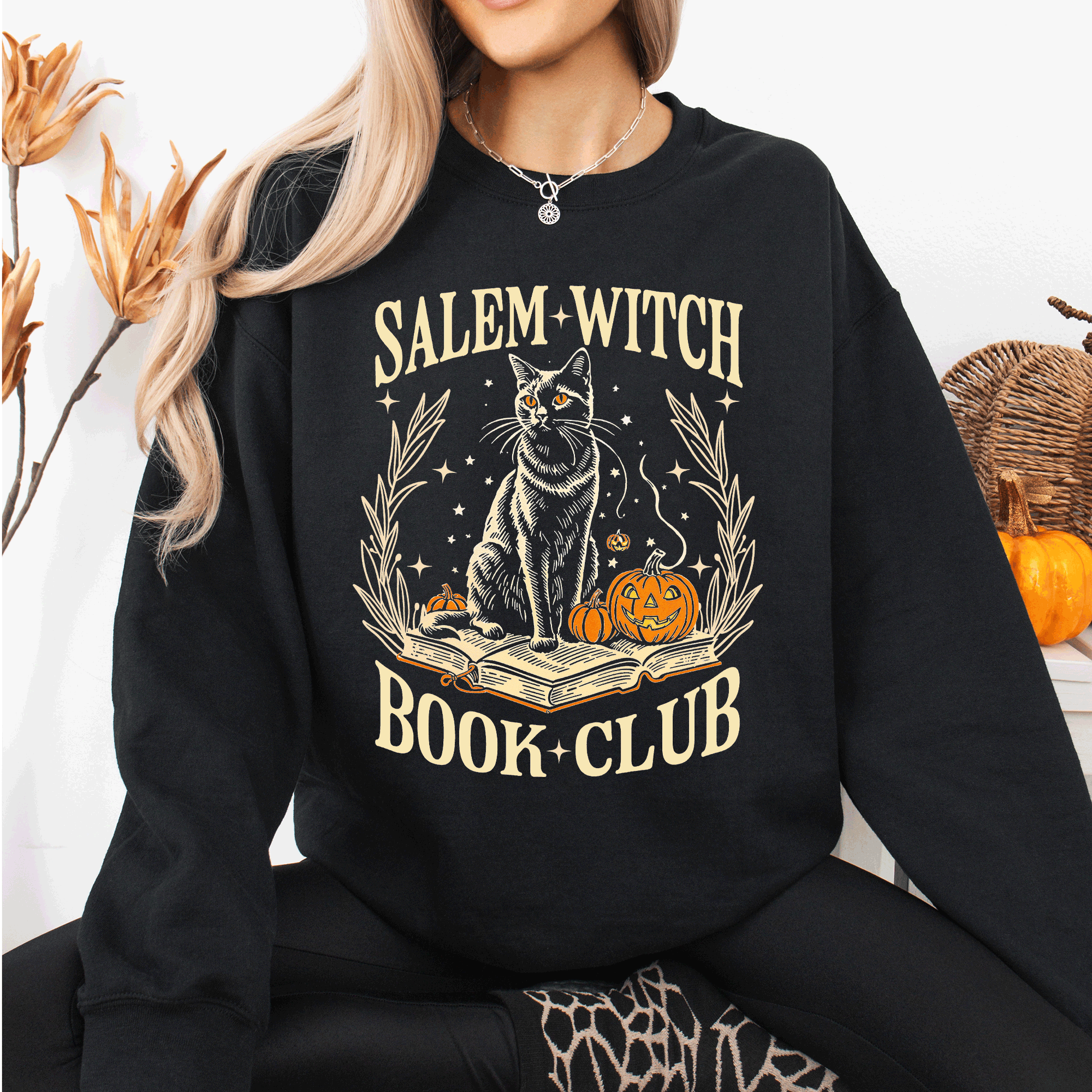 Salem Book Club Cat Retro Classic Vintage Halloween Reading Books Deluxe Sweatshirt