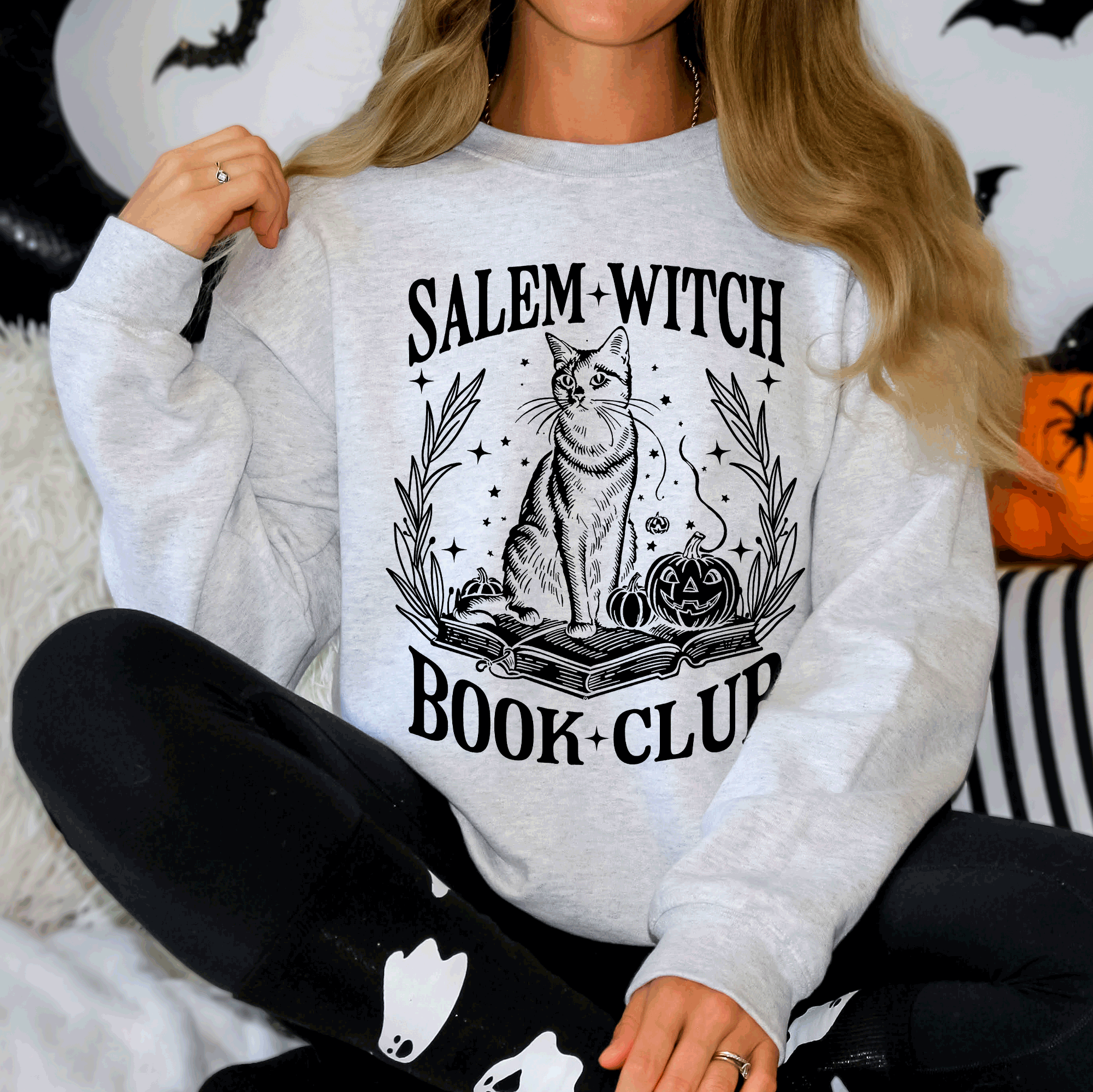 Salem Book Club Cat Retro Classic Vintage Halloween Reading Books Deluxe Sweatshirt