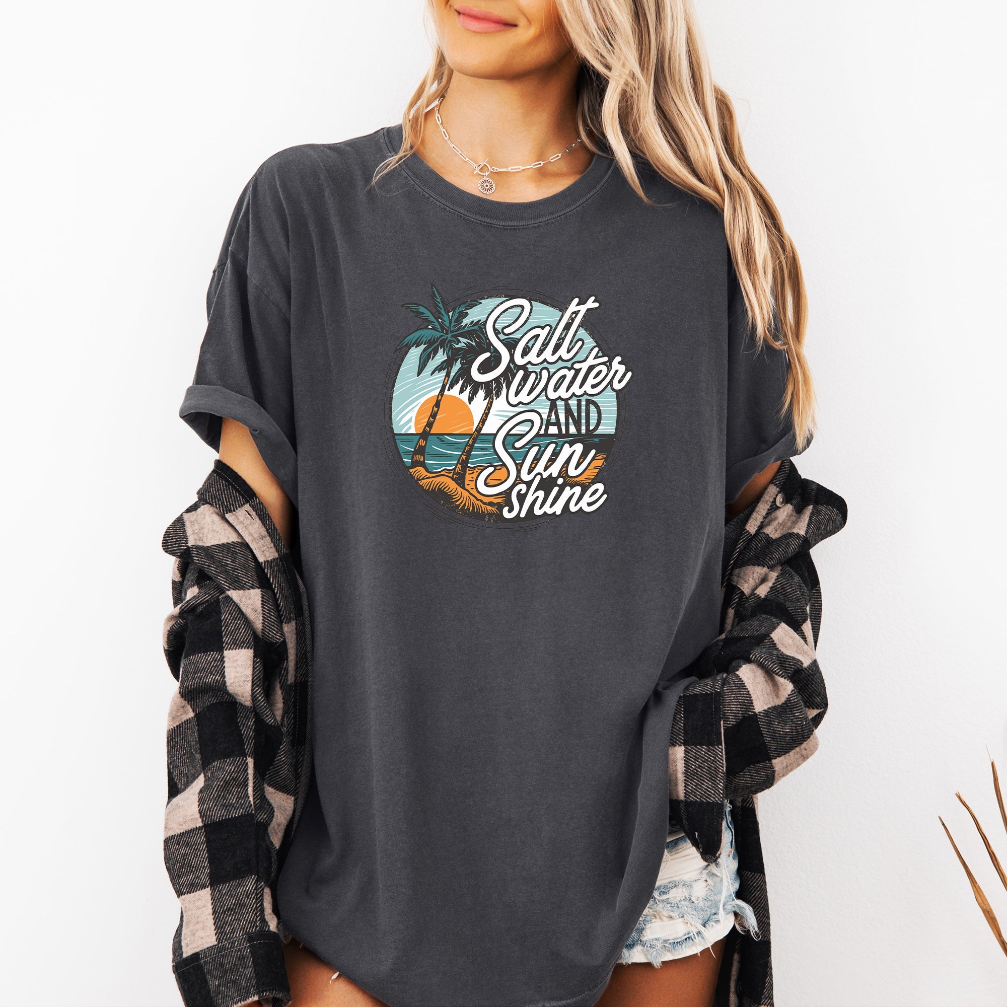 Salt Water And Sunshine Summer Beach Paradise Print And Seaside Vibes Comfort Colors Tee