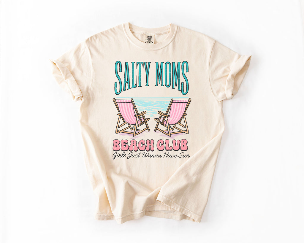 Salty Moms Beach Club Summer Beach Sea Life Outdoor Travel Western Country Comfort Colors Tee