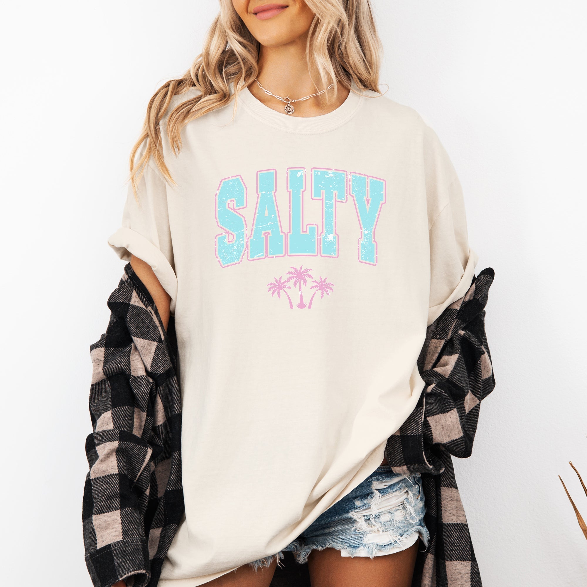 Salty Varsity Palm Trees Summer Beach Coastal Vibes For Sunny Days Comfort Colors Tee