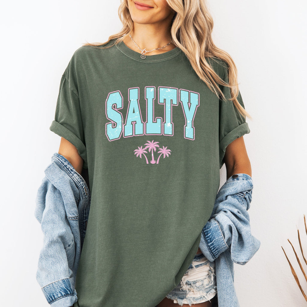 Salty Varsity Palm Trees Summer Beach Coastal Vibes For Sunny Days Comfort Colors Tee