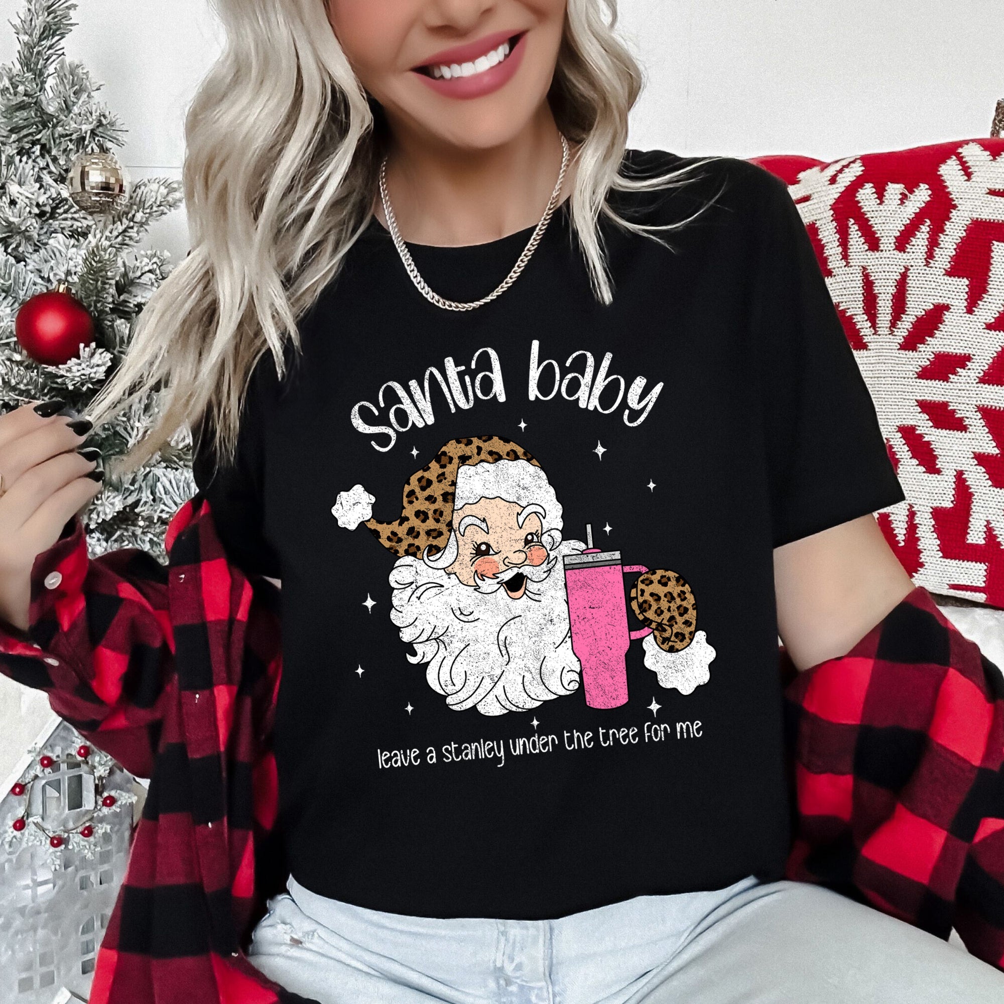 Santa Baby Stanley Retro Christmas Leopard Print Cozy Comfort Super Soft Graphic Tee