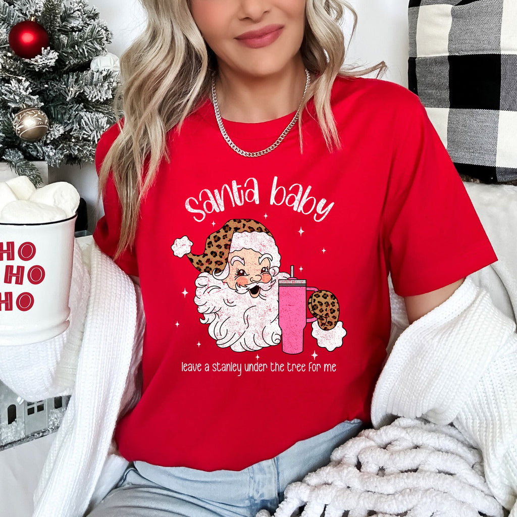 Santa Baby Stanley Retro Christmas Leopard Print Cozy Comfort Super Soft Graphic Tee