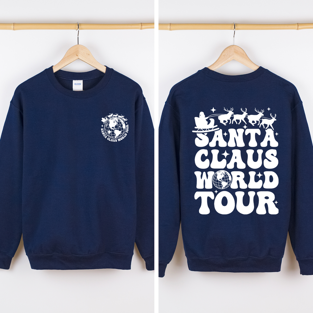 Santa Claus World Tour Front And Back Retro Christmas Reading Graphic Sweatshirt