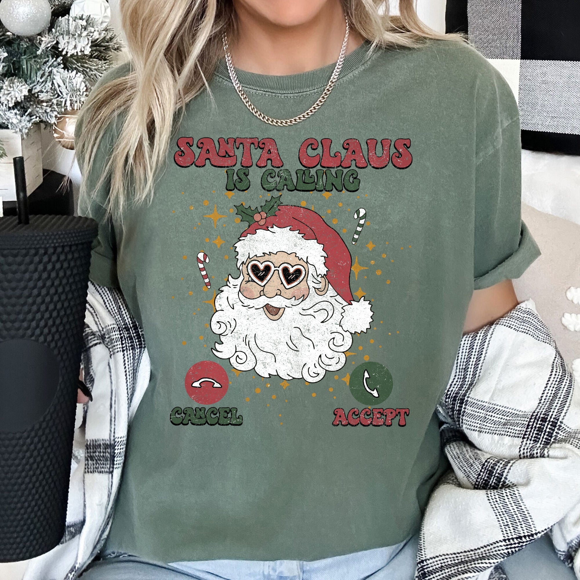 Santa Is Calling Christmas Phone Greeting For iPhone And Android Fans Comfort Colors Tee