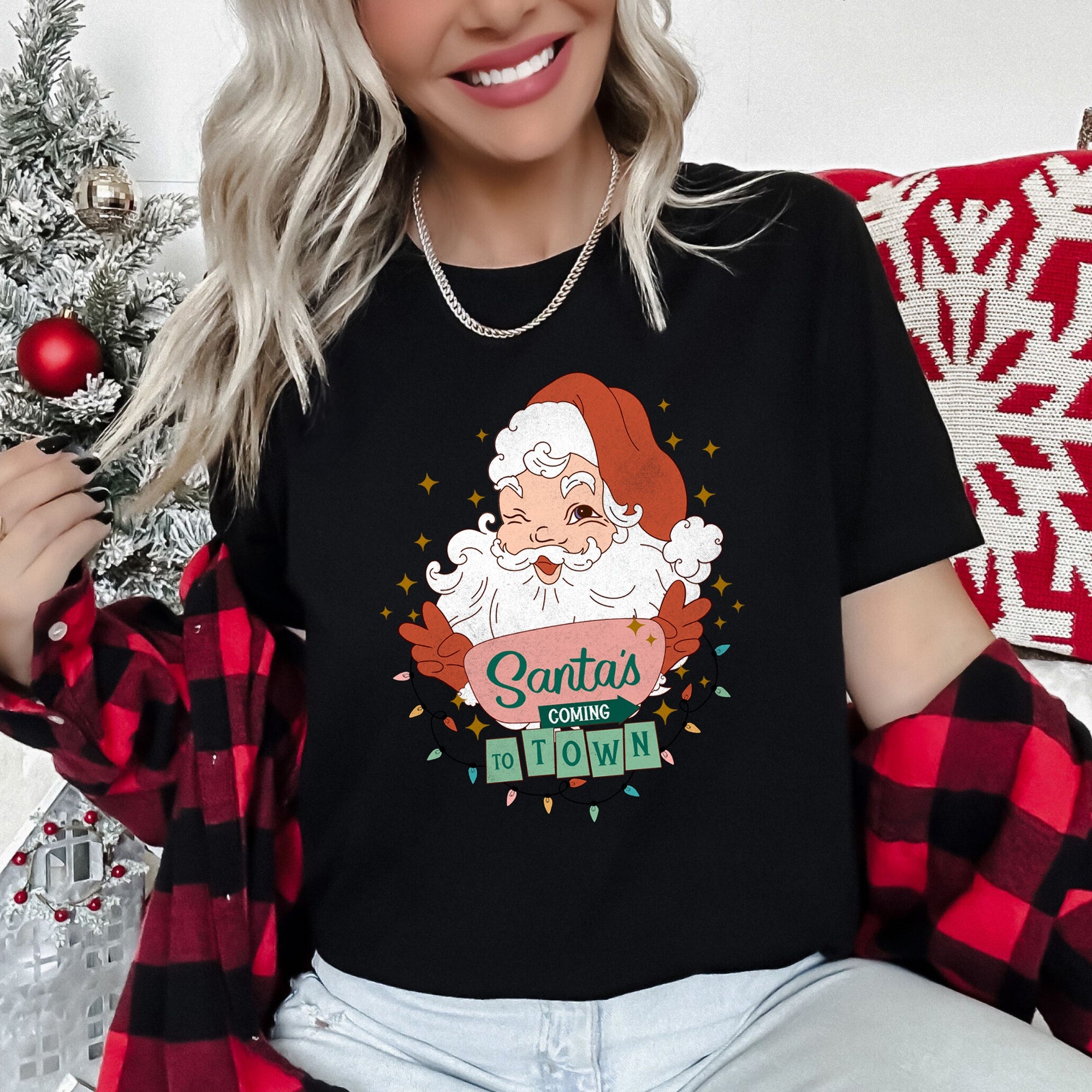 Santa Is Coming To Town Retro Christmas Graphic Tee