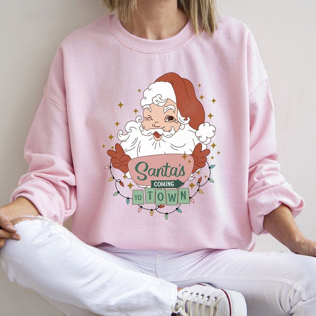 Santa Is Coming To Town Retro Christmas Nostalgic Graphic Festive Holiday Cheer Vintage Style Sweatshirt