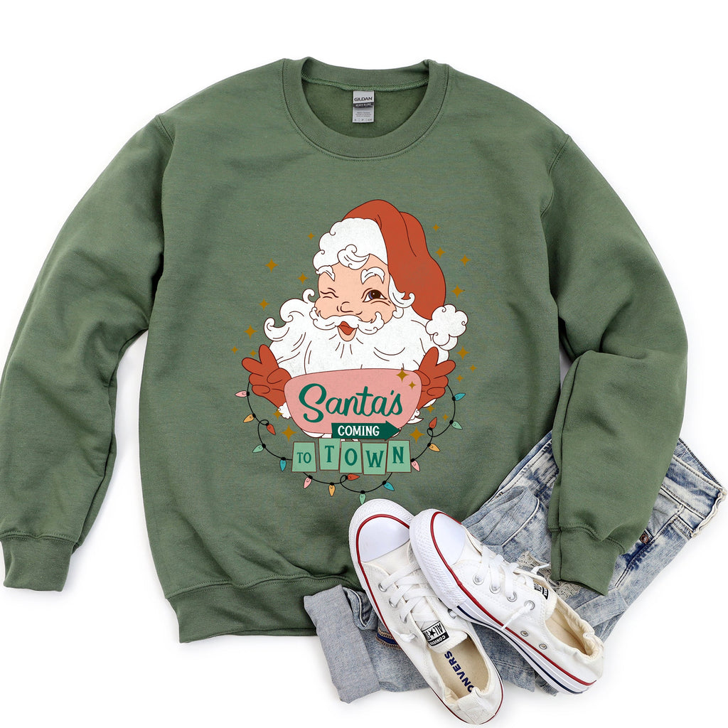 Santa Is Coming To Town Retro Christmas Nostalgic Graphic Festive Holiday Cheer Vintage Style Sweatshirt