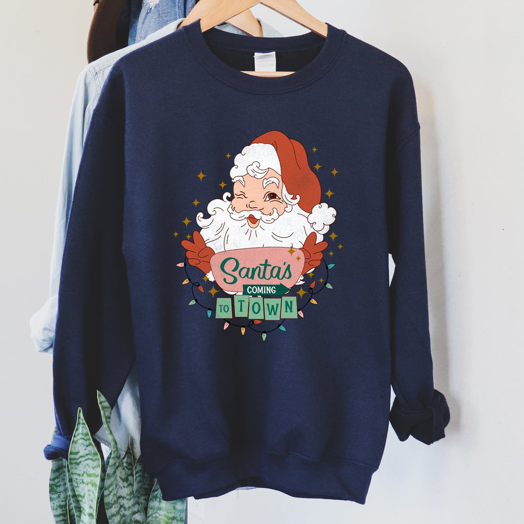 Santa Is Coming To Town Retro Christmas Nostalgic Graphic Festive Holiday Cheer Vintage Style Sweatshirt