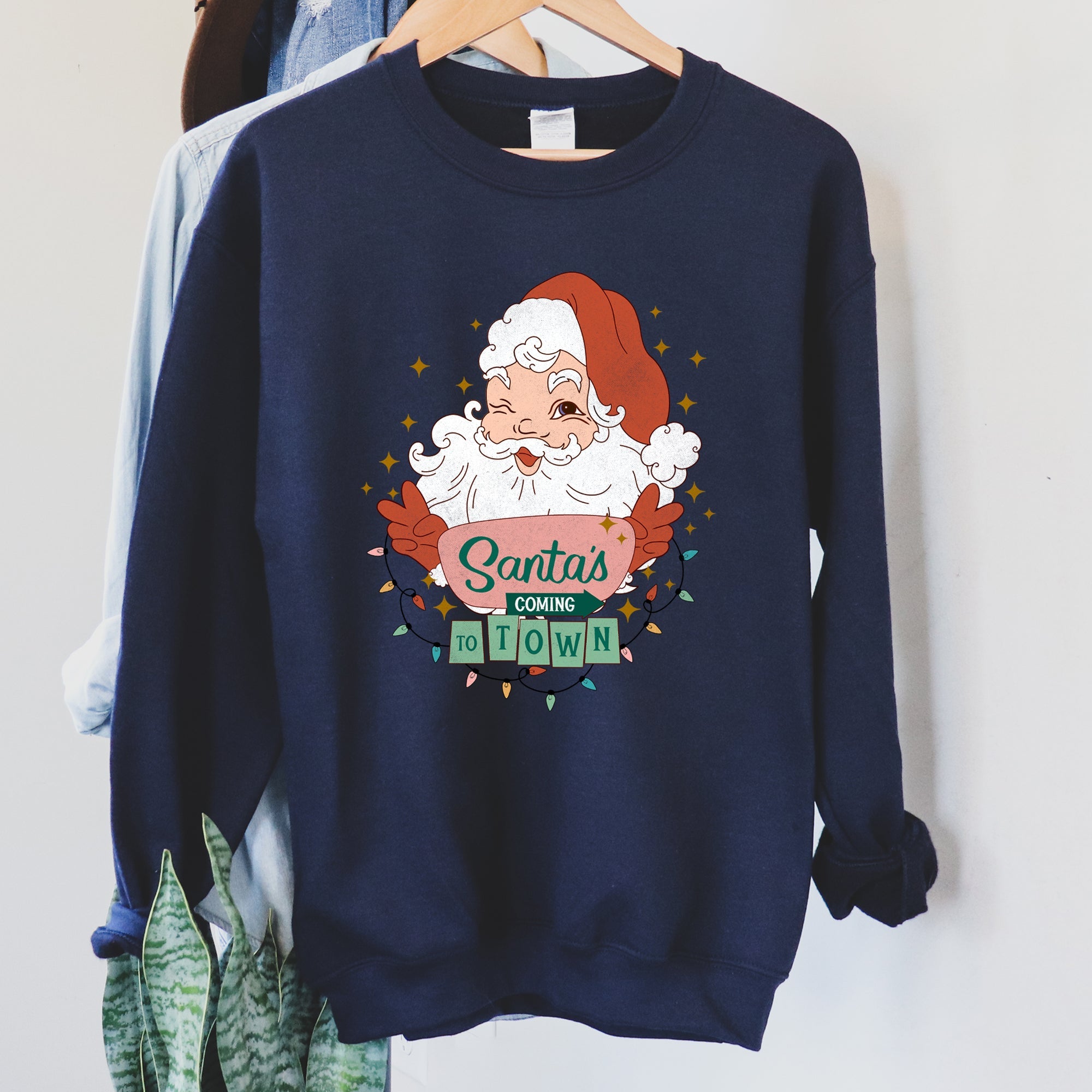 Santa Is Coming To Town Retro Christmas Nostalgic Graphic Festive Holiday Cheer Vintage Style Sweatshirt
