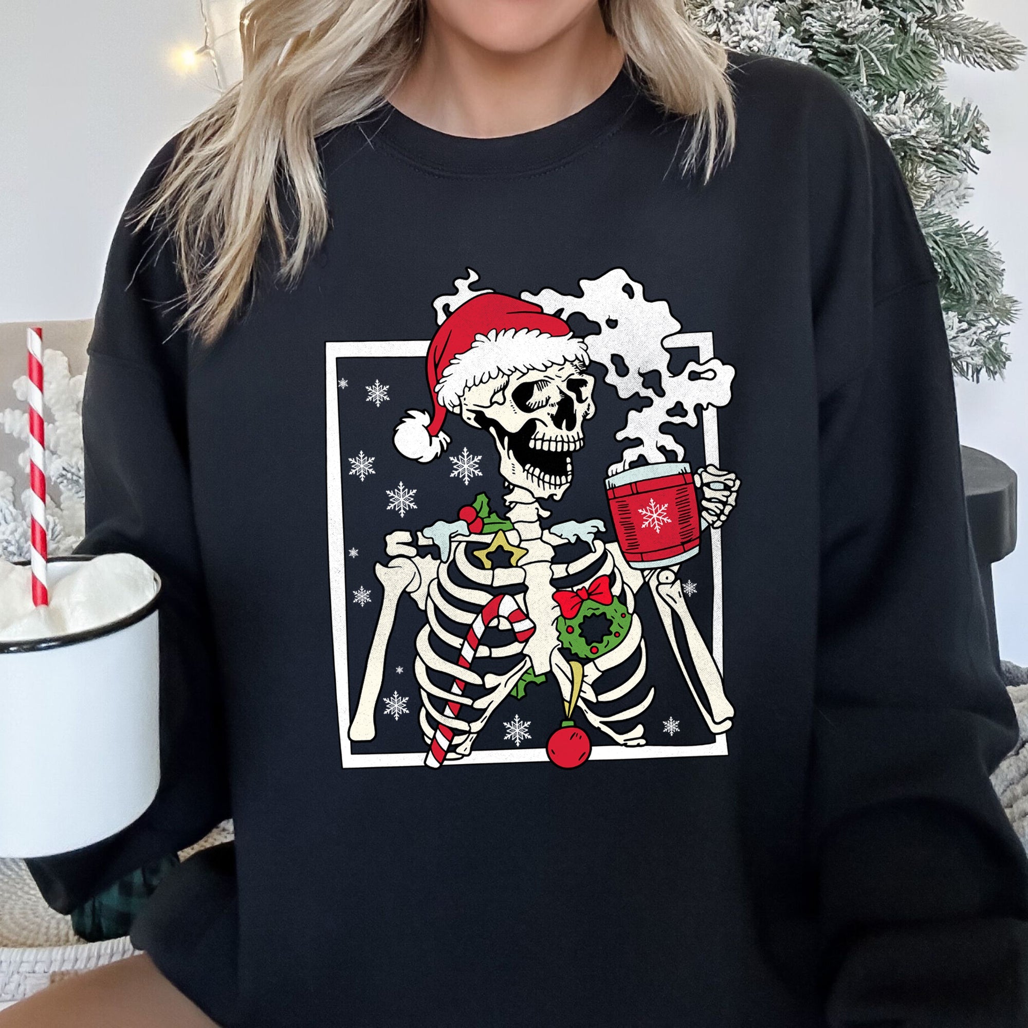 Santa Skeleton Coffee Retro Christmas Cozy Holiday Vintage Cartoon Festive Sweatshirt