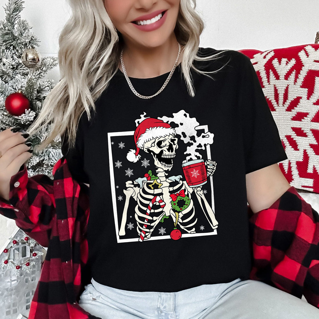 Santa Skeleton Coffee Retro Christmas Holiday Poster Artwork Vintage Style Graphic Tee